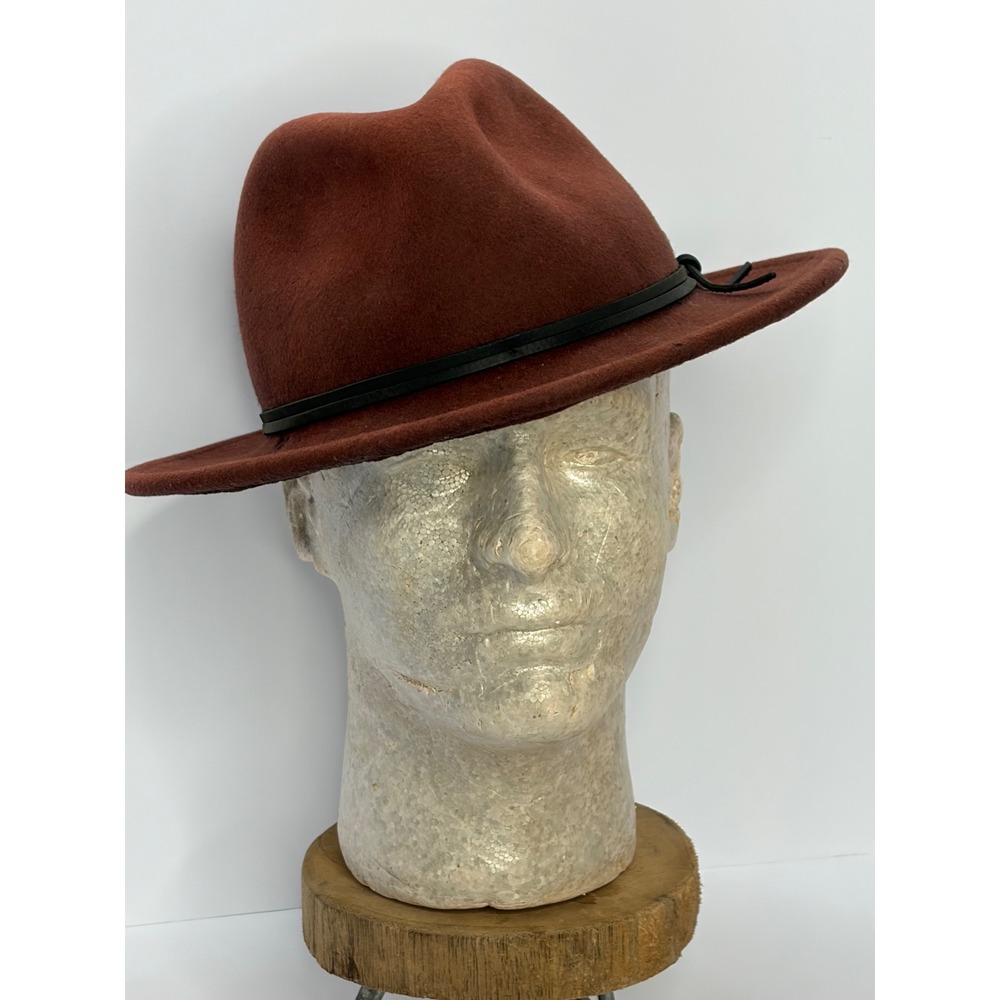 Chuck Quality Goods Rust Brown 100% Wool Fedora Hat with Black Band Size S/M